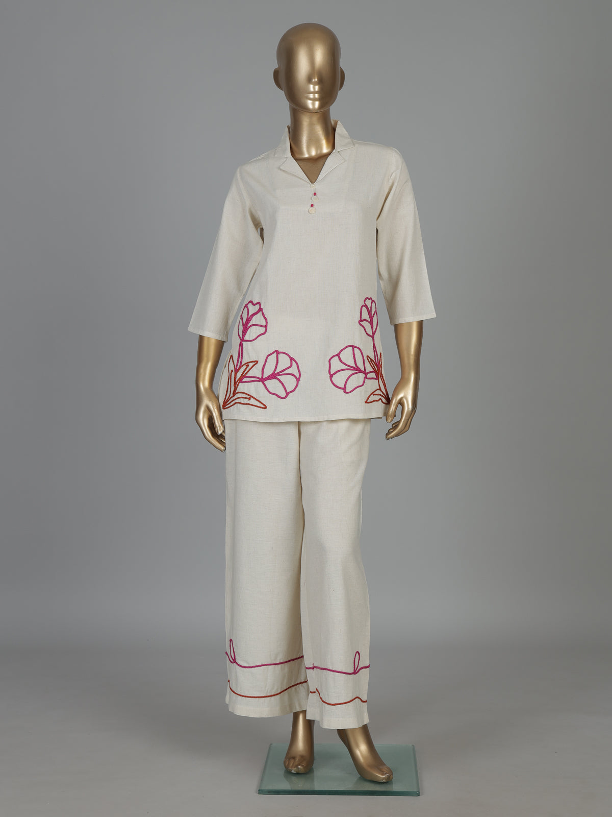 Beige cotton floral thread co ord set with palazzo style
