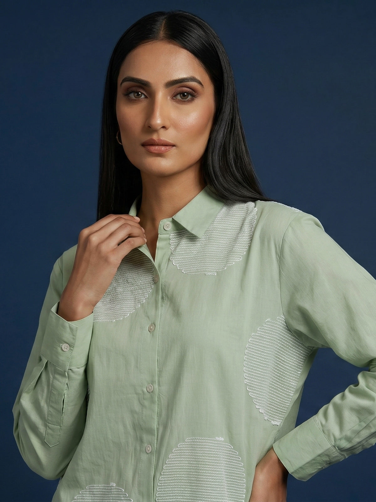Pista green cotton co ord set with white thread detail