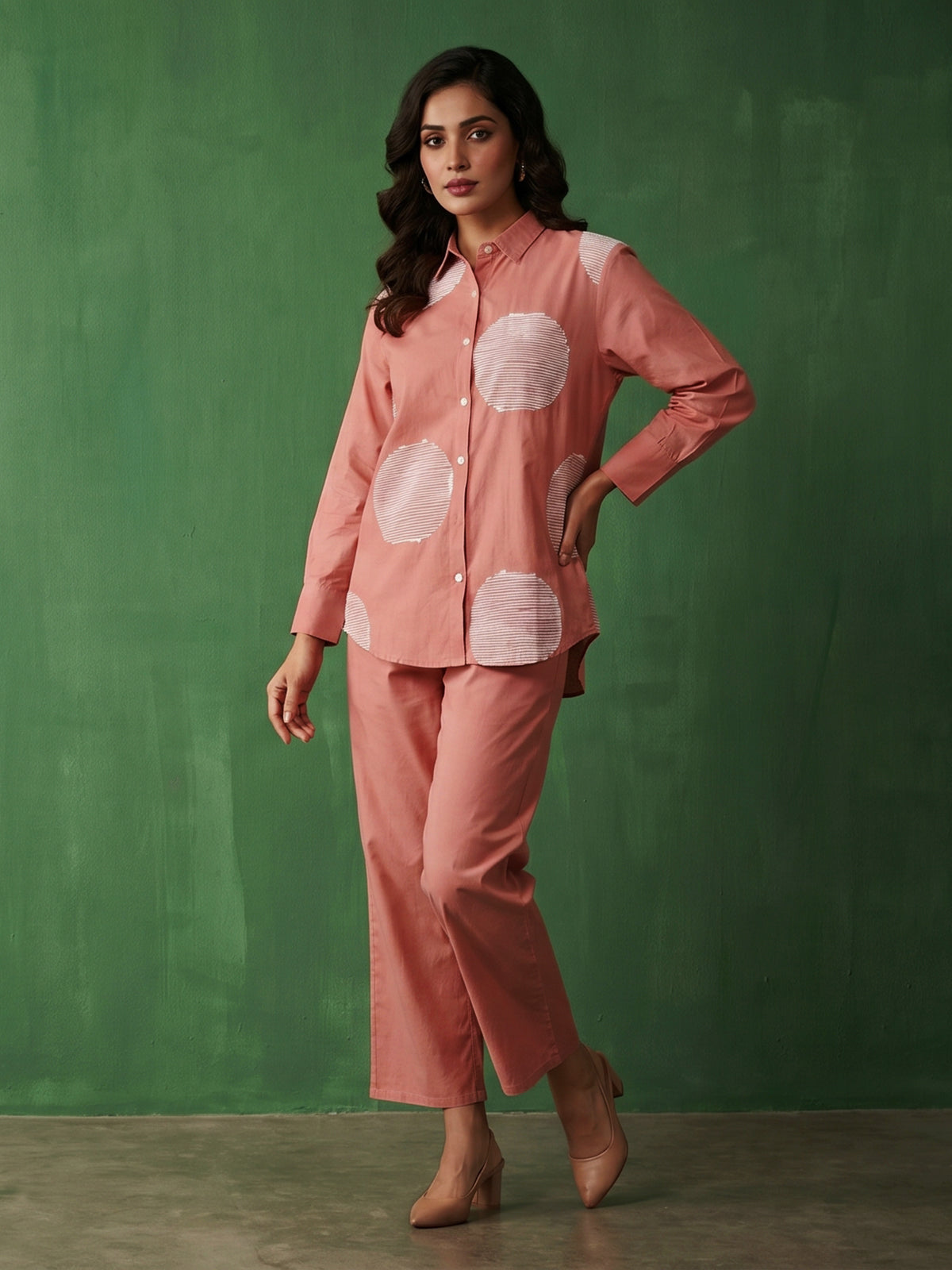 Peach cotton co ord set with elegant white thread work