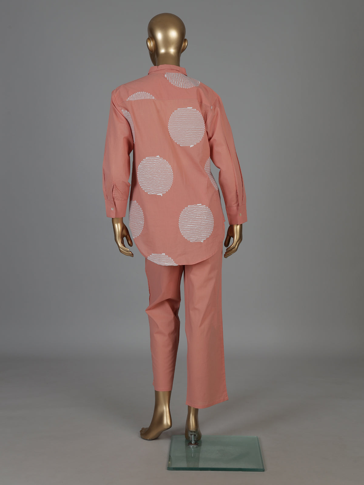 Peach cotton co ord set with elegant white thread work
