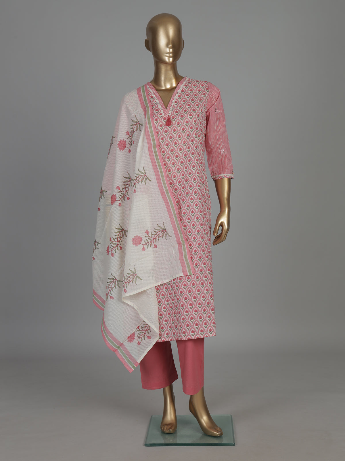 Pink floral cotton kurti set with dupatta elegance