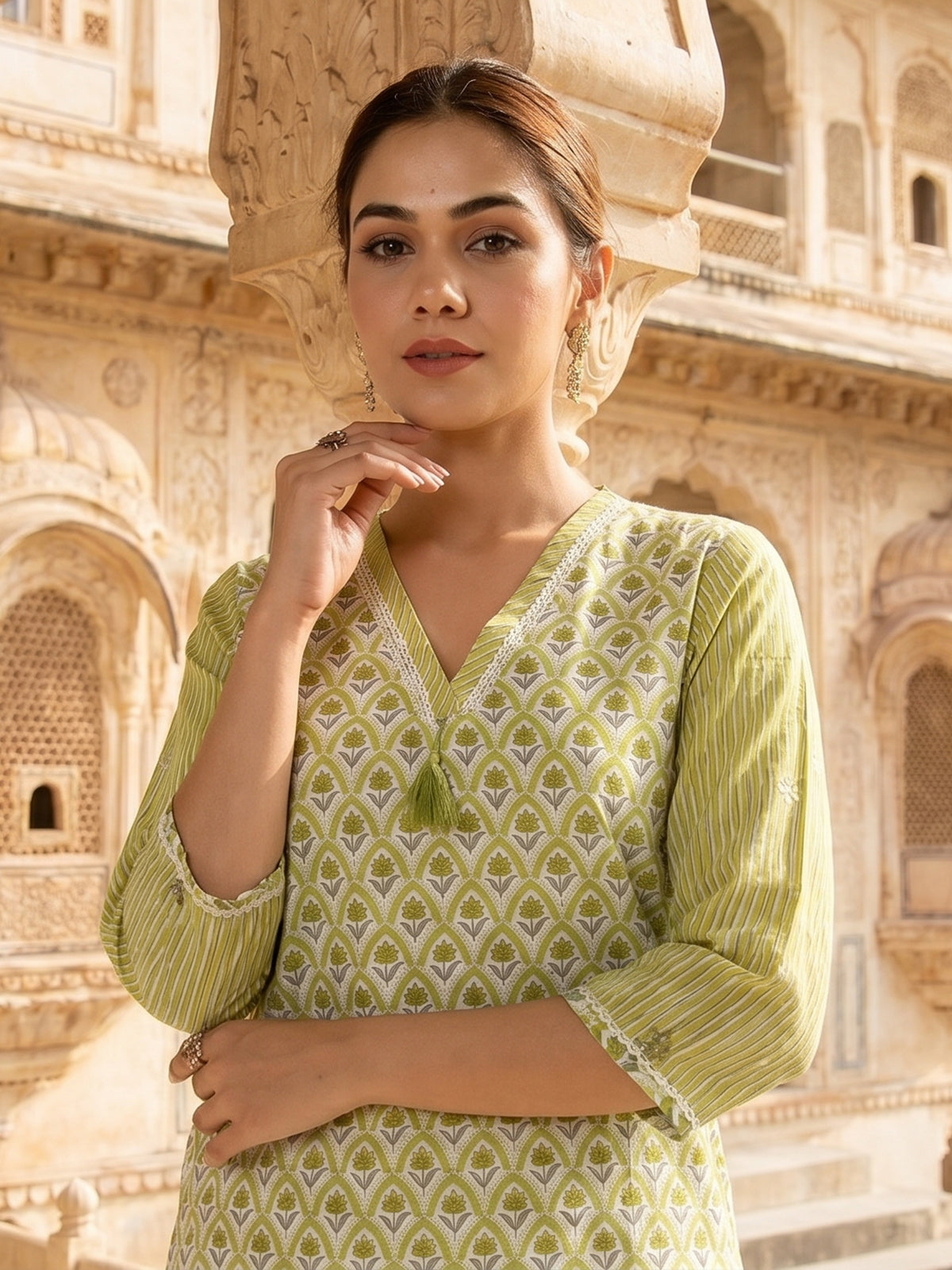 Mehendi green floral cotton kurti set with dupatta