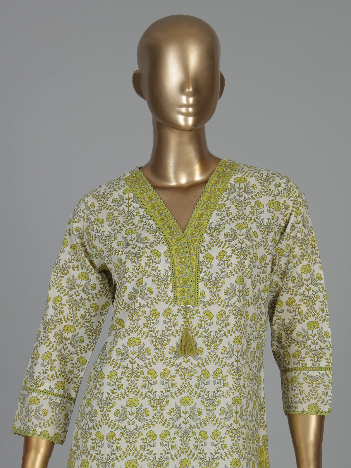 Lime green floral cotton kurti set with dupatta style