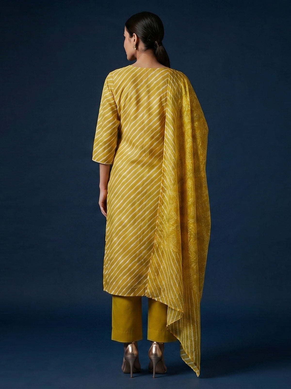 Mustard yellow cotton silk kurti set with yoke elegance