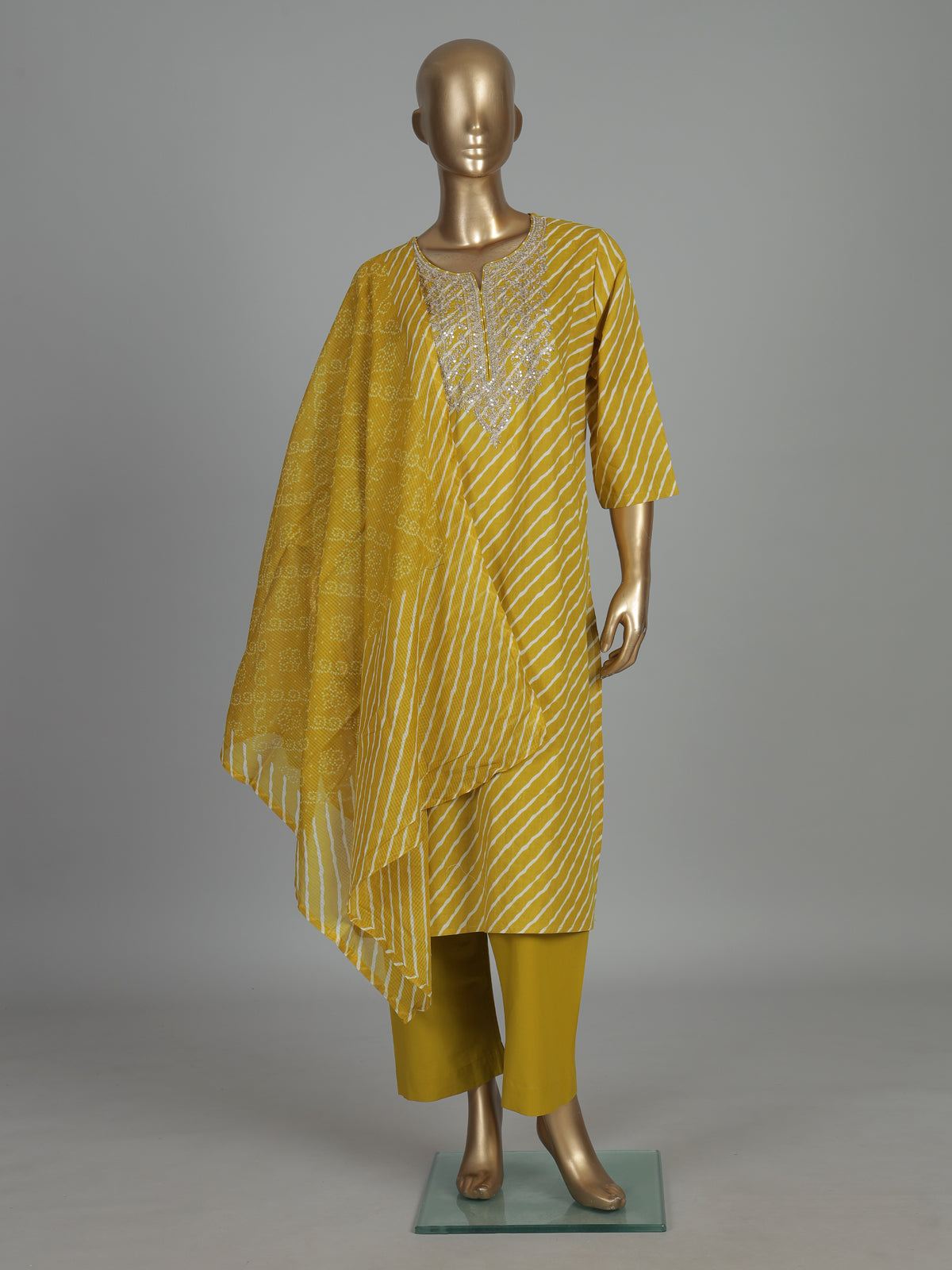 Mustard yellow cotton silk kurti set with yoke elegance