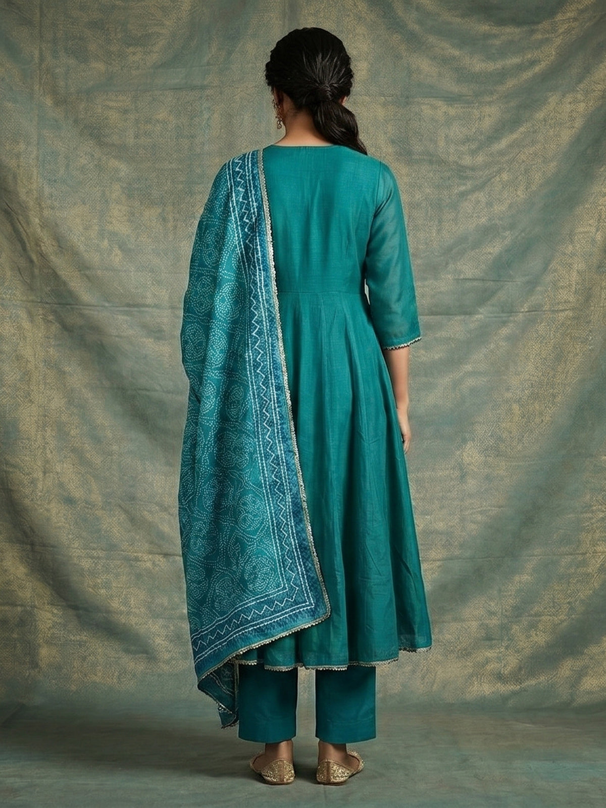 Rama green resham sequins kurti set with printed dupatta