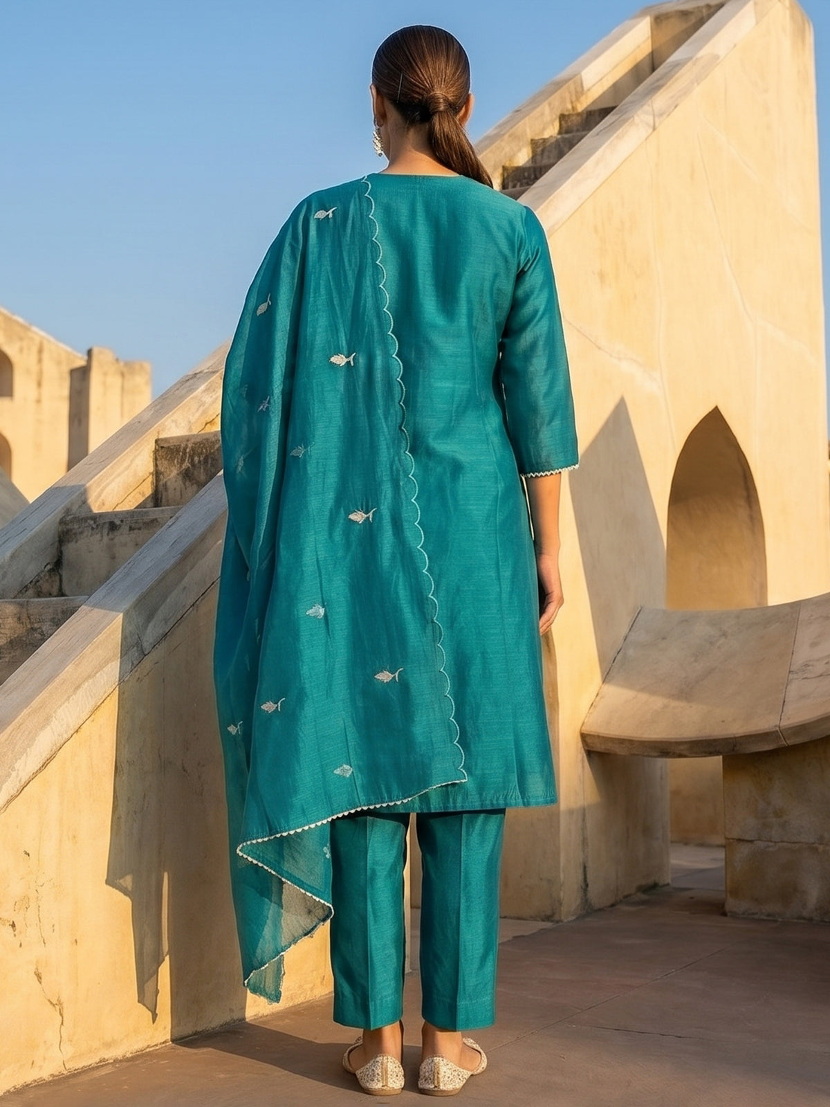 Rama green embroidered silk kurti set with elegant dupatta