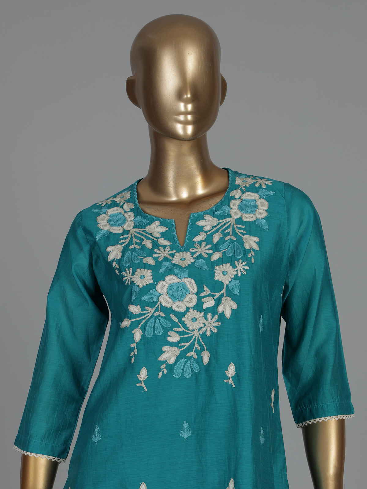 Rama green embroidered silk kurti set with elegant dupatta