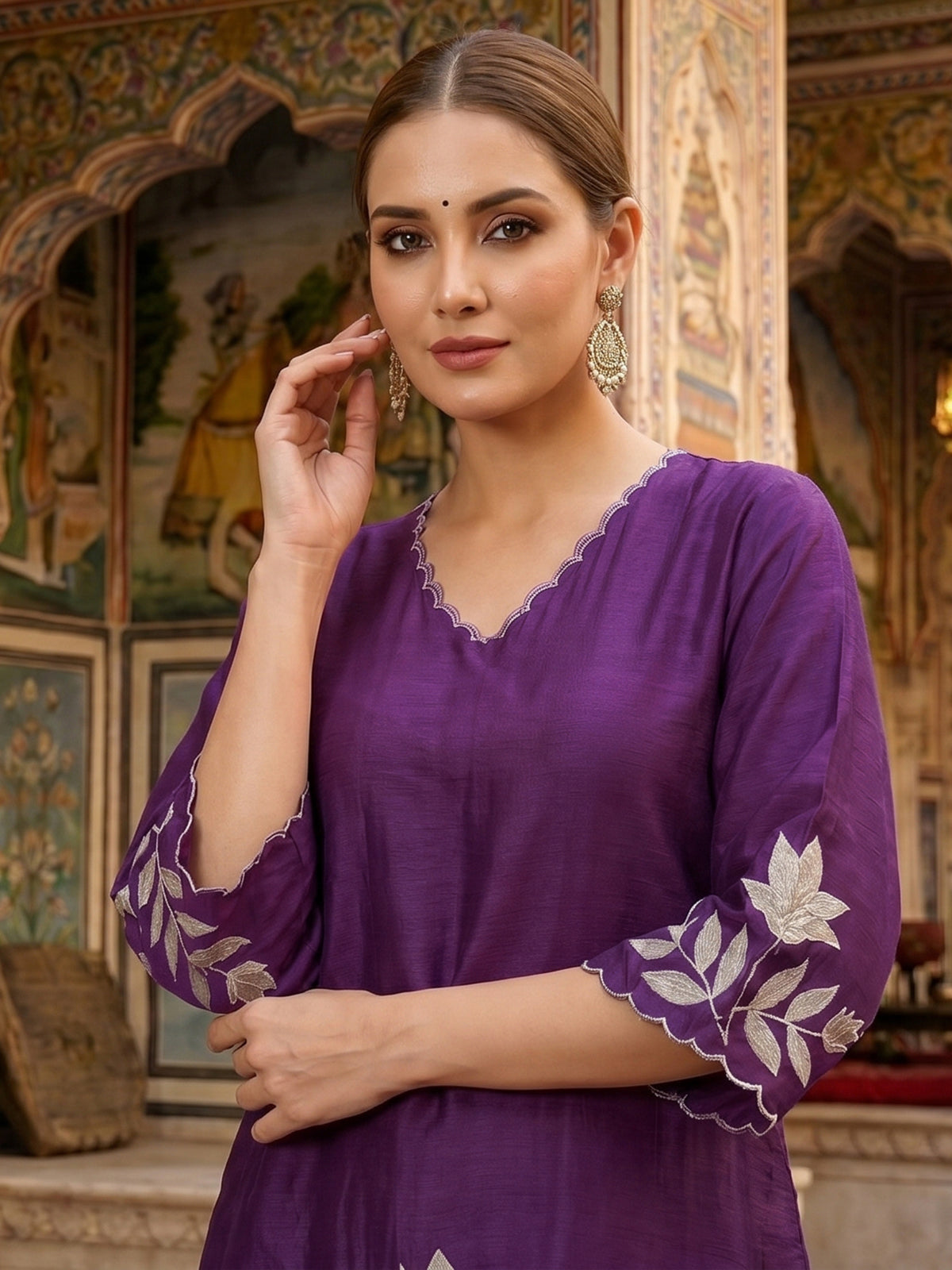 Purple floral embroidered silk kurti set with dupatta style