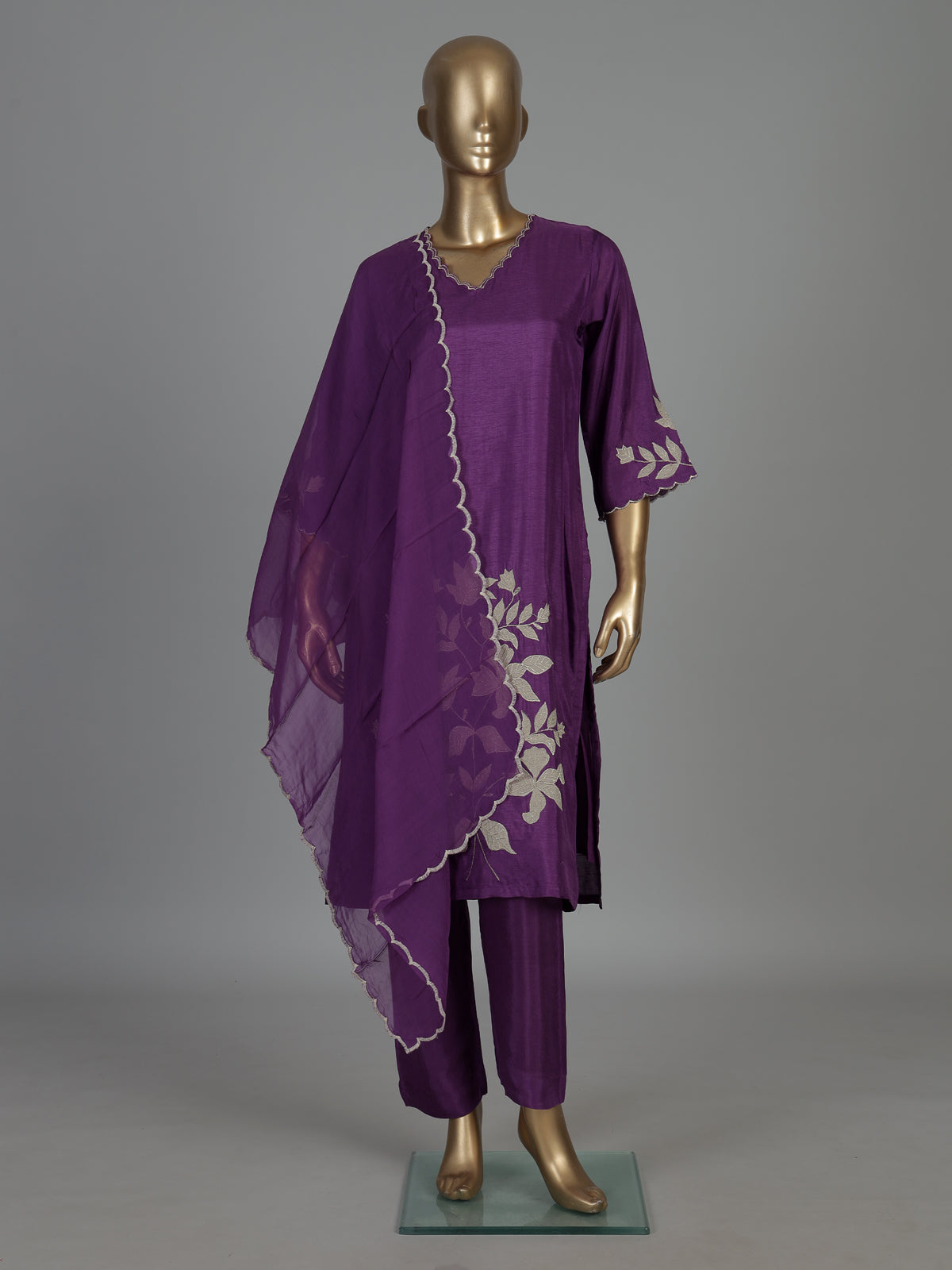 Purple floral embroidered silk kurti set with dupatta style