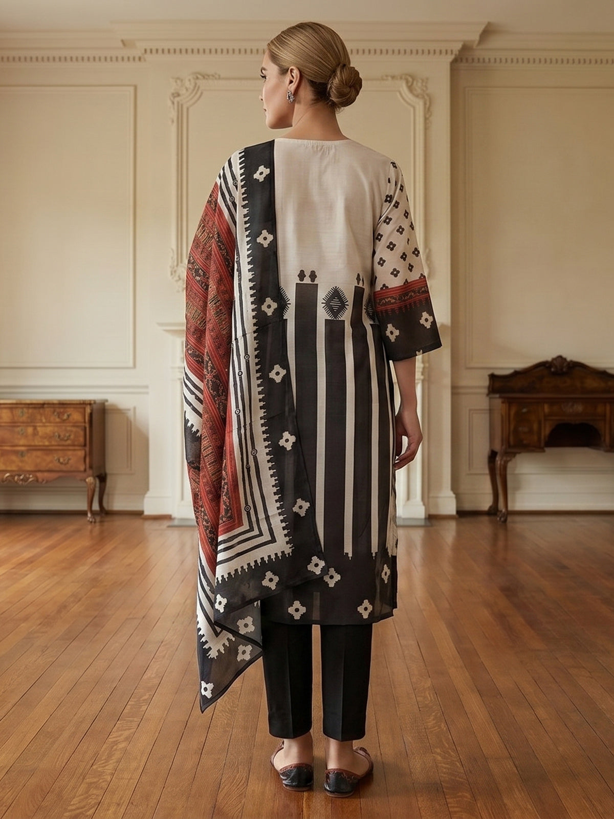 White and black aabla work silk kurti set with dupatta