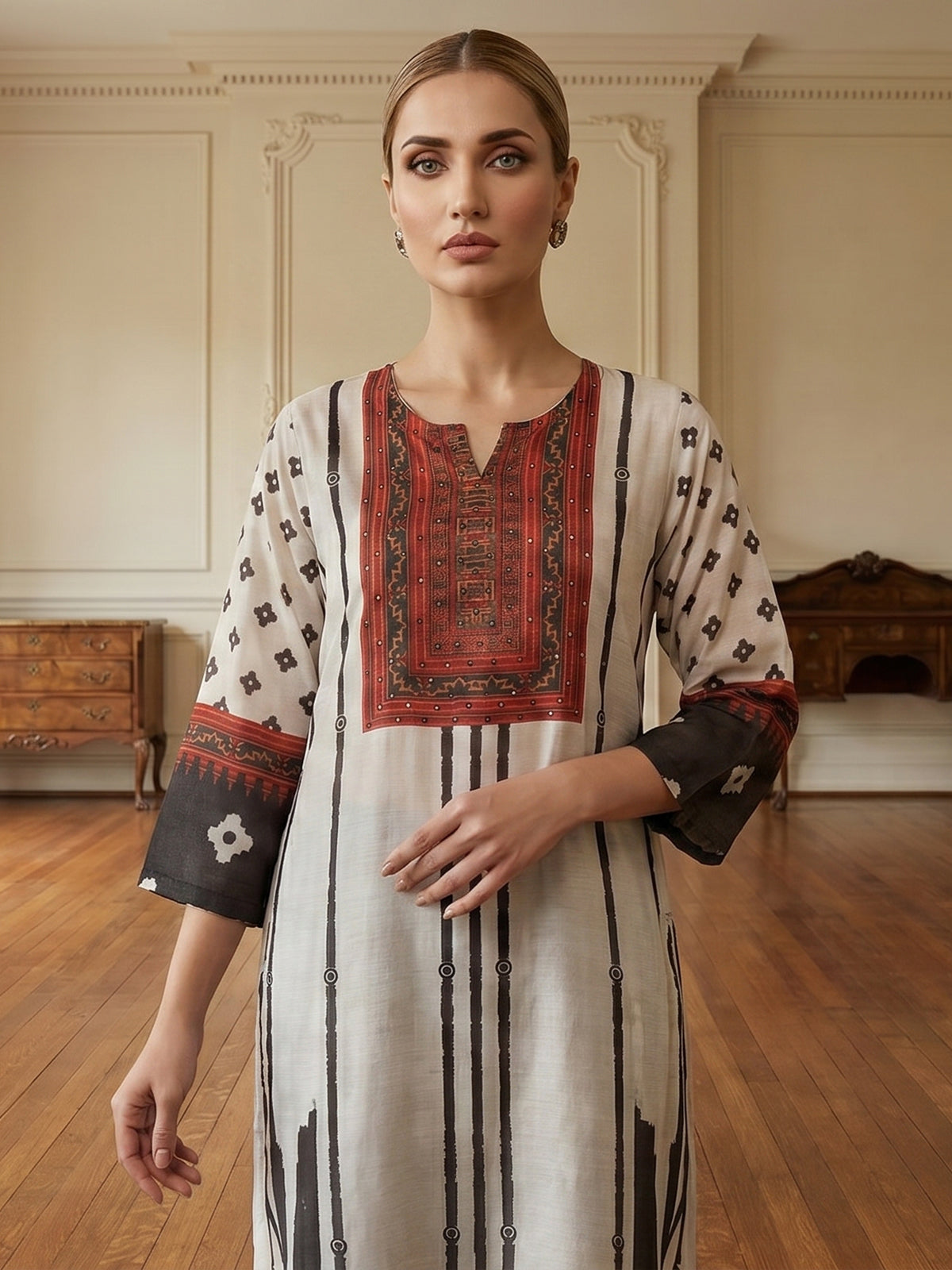 White and black aabla work silk kurti set with dupatta