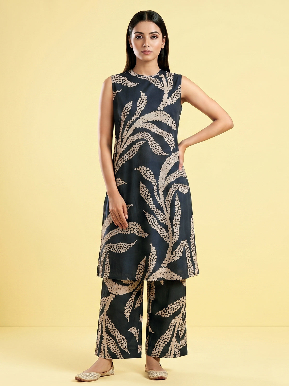 Navy blue printed silk kurti palazzo set for chic look