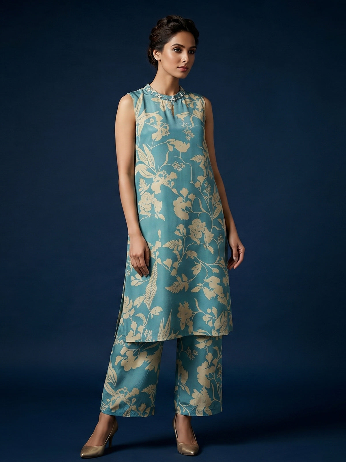 Sky blue floral silk kurti palazzo set with modern style