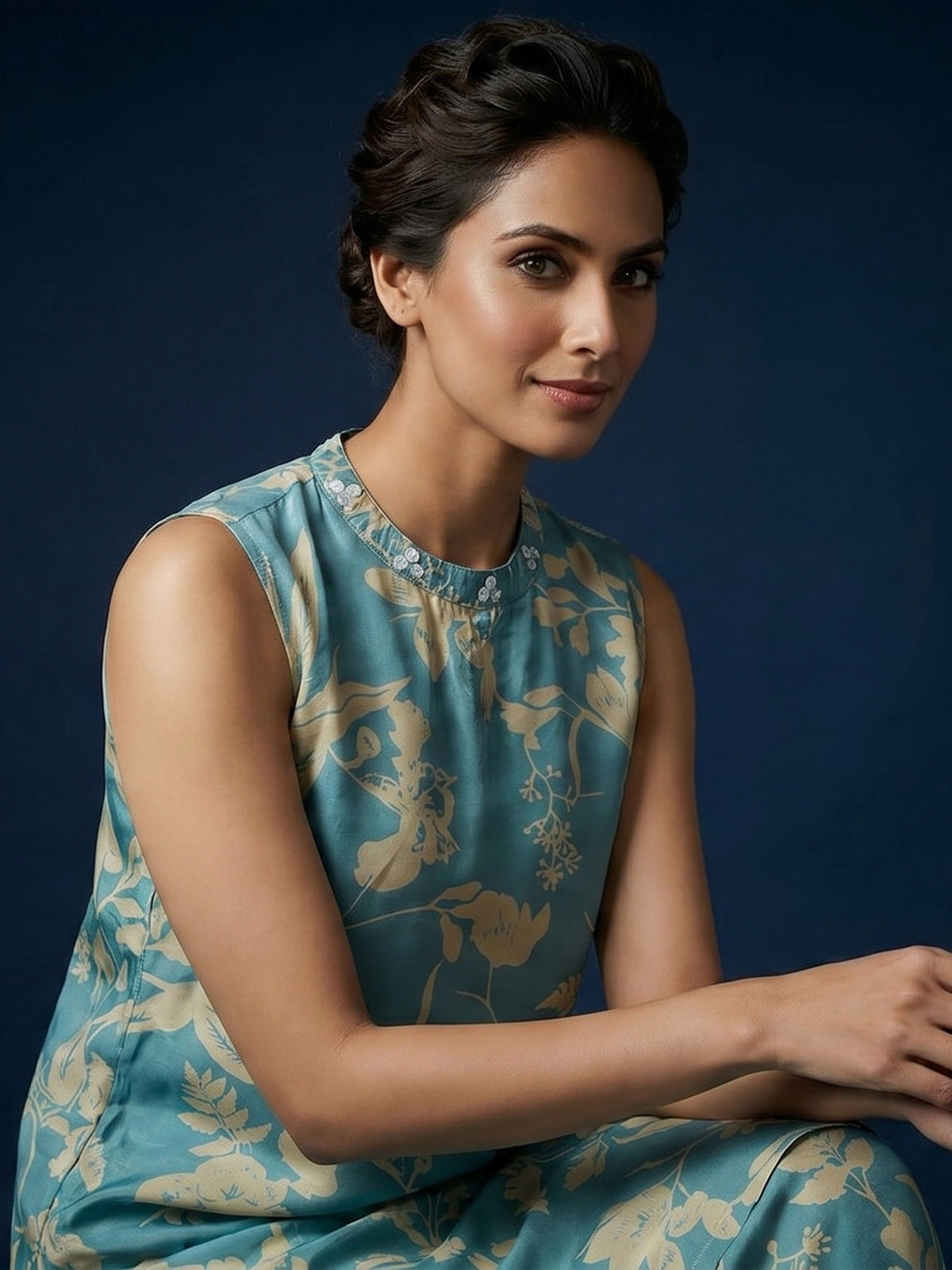 Sky blue floral silk kurti palazzo set with modern style