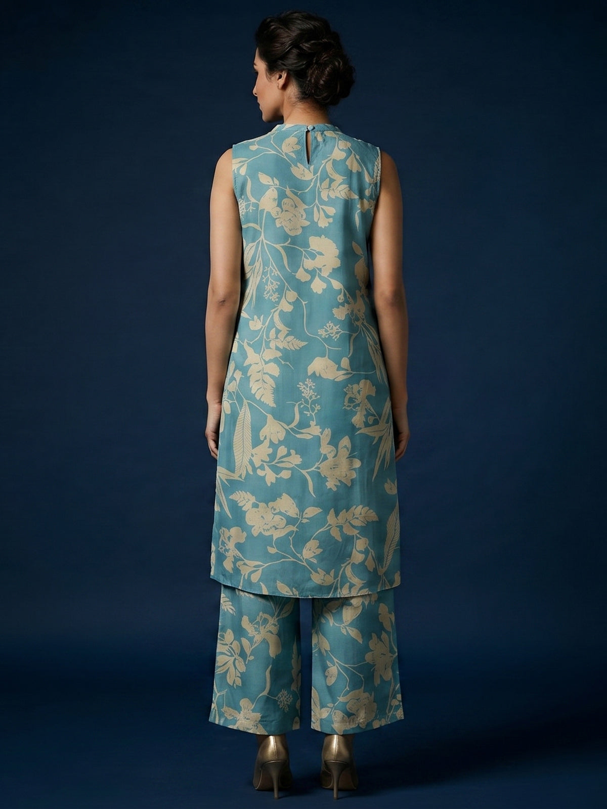 Sky blue floral silk kurti palazzo set with modern style