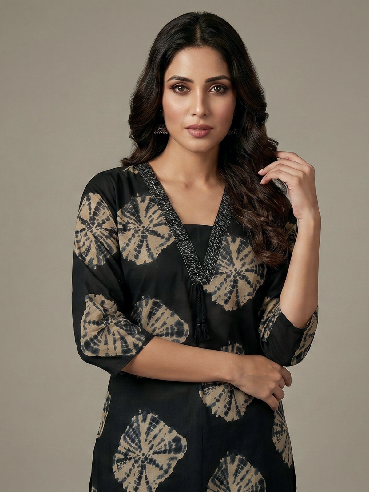 Black printed cotton silk kurti set with dupatta charm