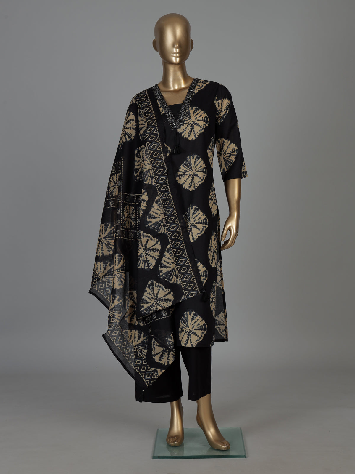 Black printed cotton silk kurti set with dupatta charm