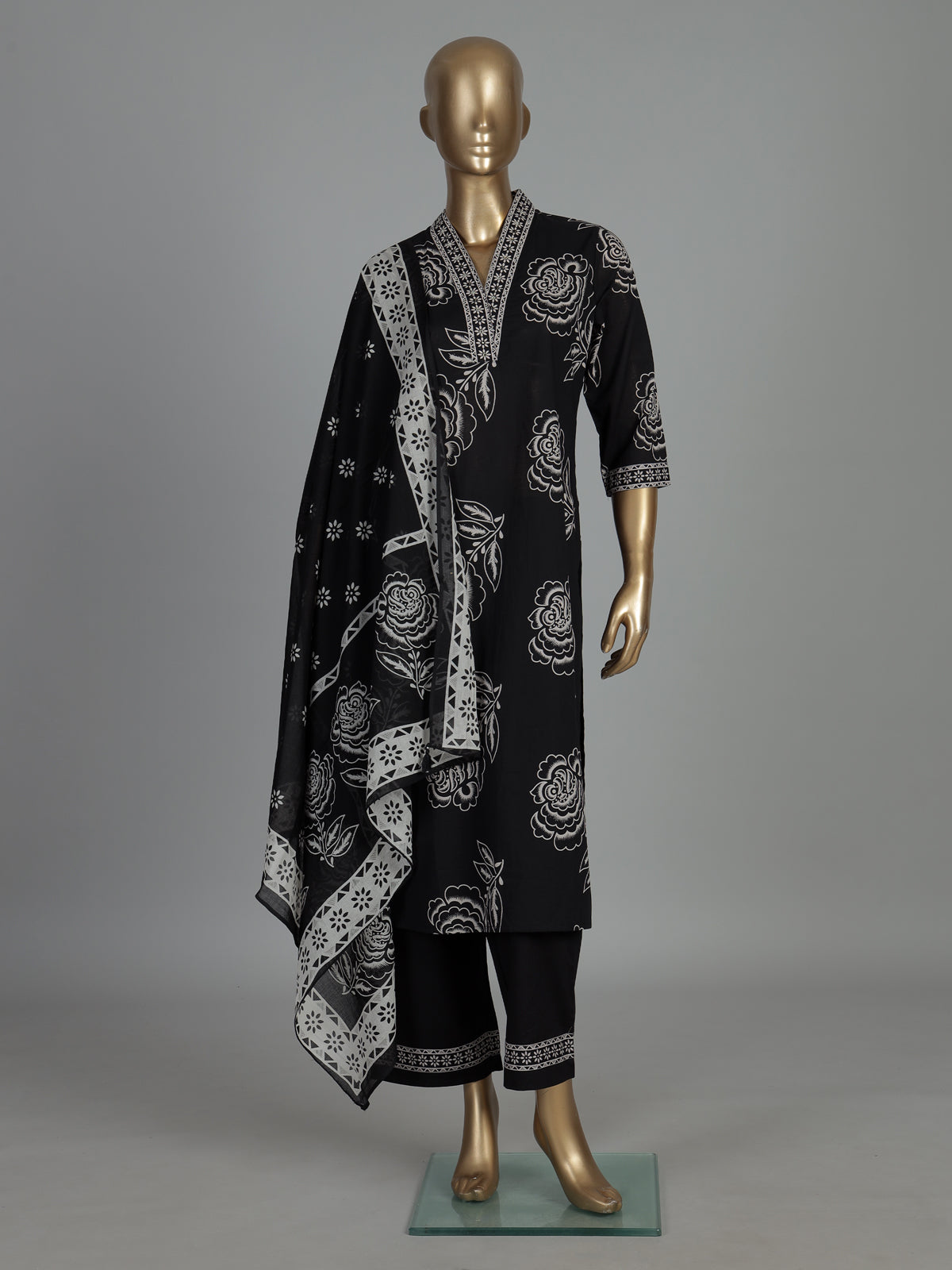 Black floral cotton kurti set with dupatta elegance