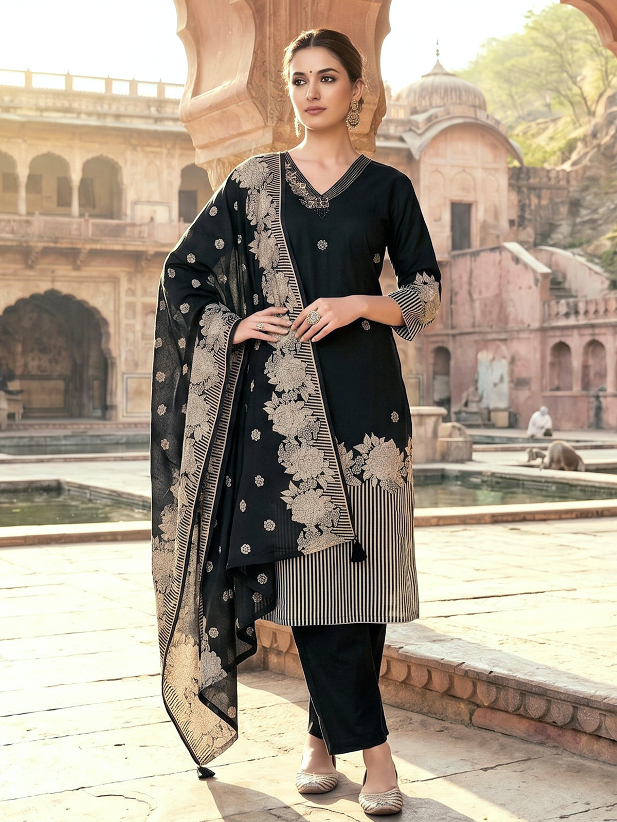 Black silk floral kurti set with embroidered neck work
