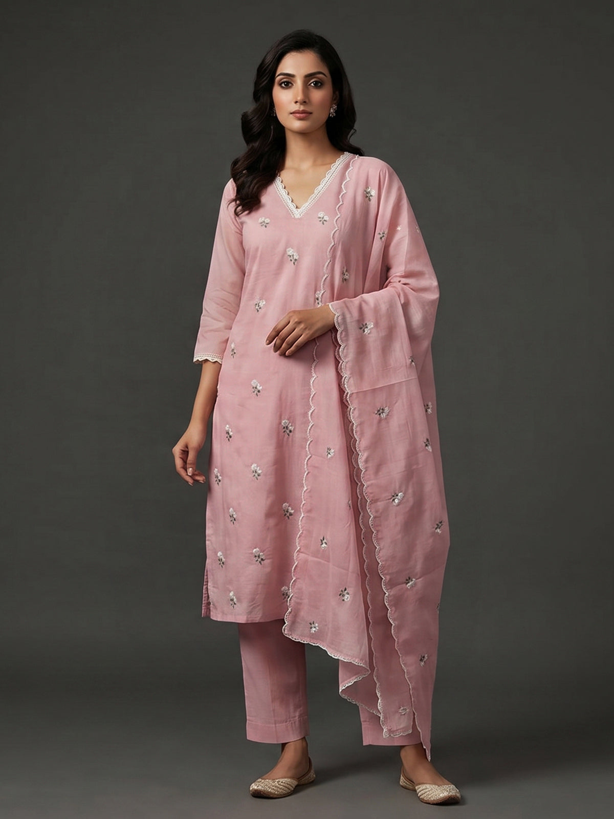 Dusty pink cotton tissue kurti set with embroidered style