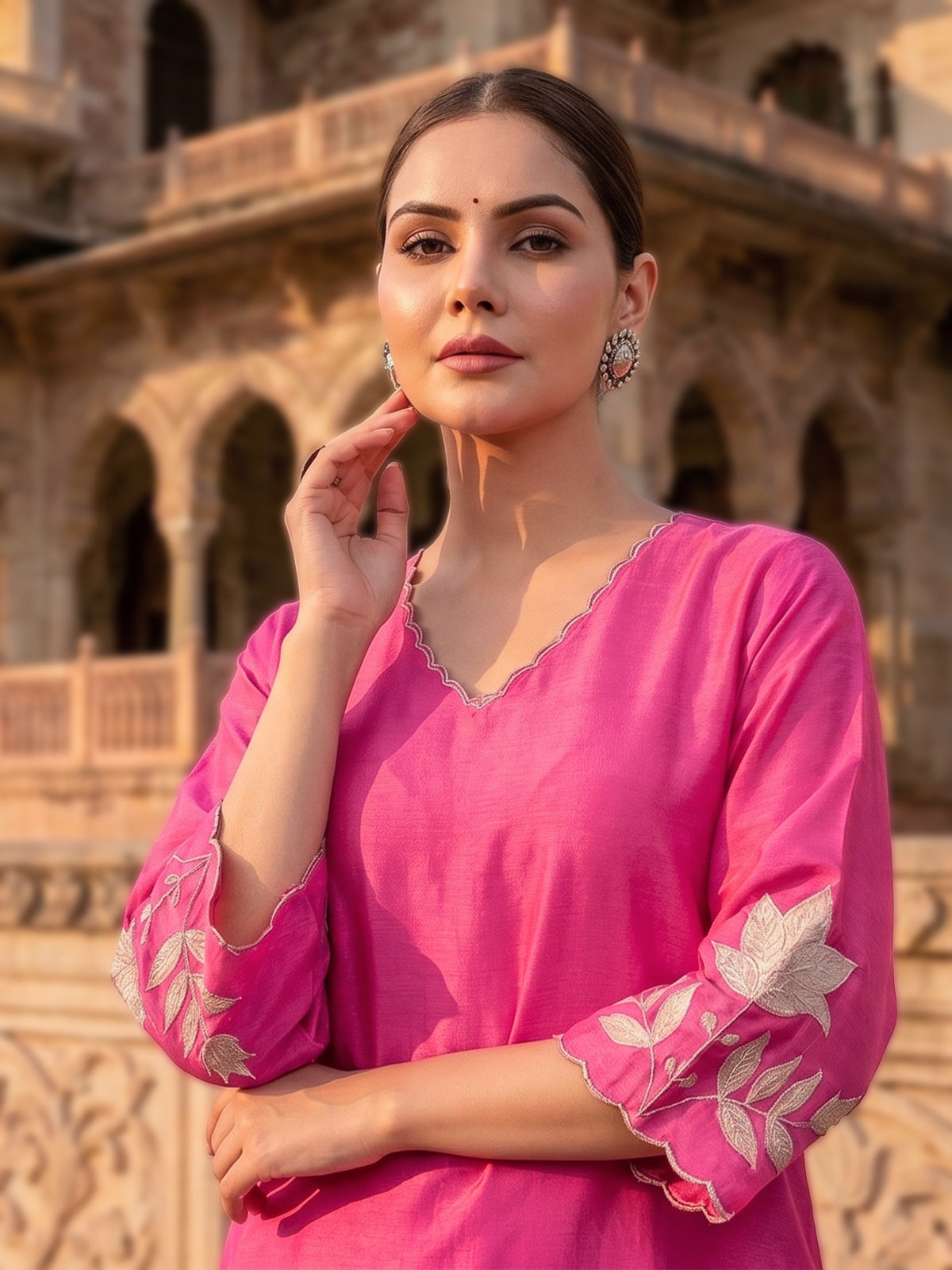 Rani pink silk kurti set with embroidered dupatta style