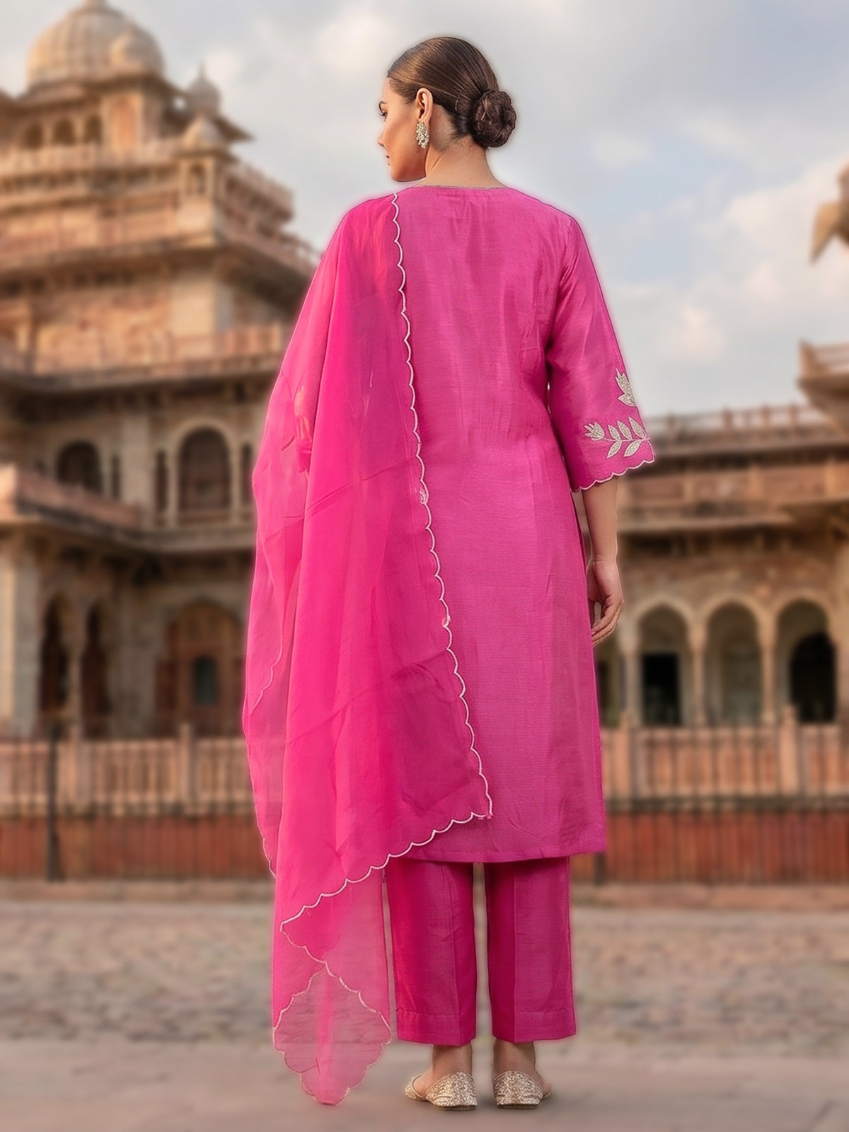 Rani pink silk kurti set with embroidered dupatta style