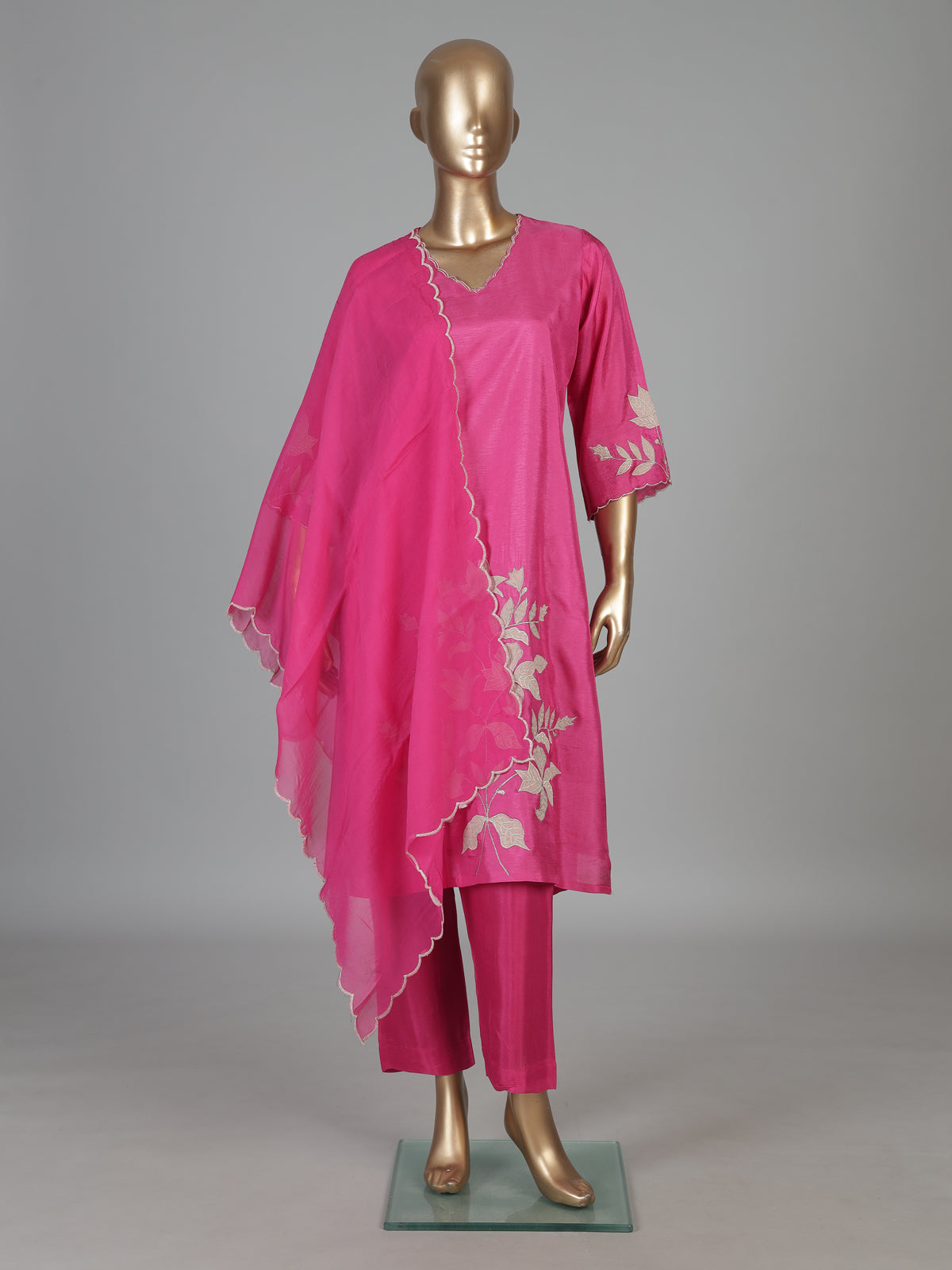 Rani pink silk kurti set with embroidered dupatta style