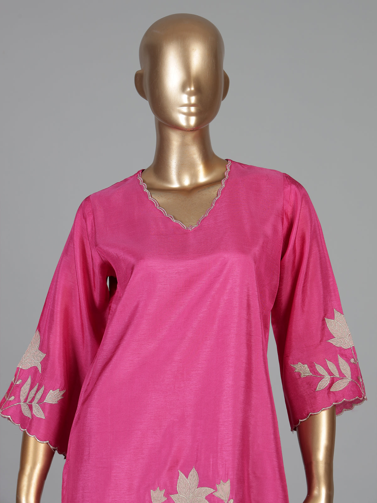 Rani pink silk kurti set with embroidered dupatta style