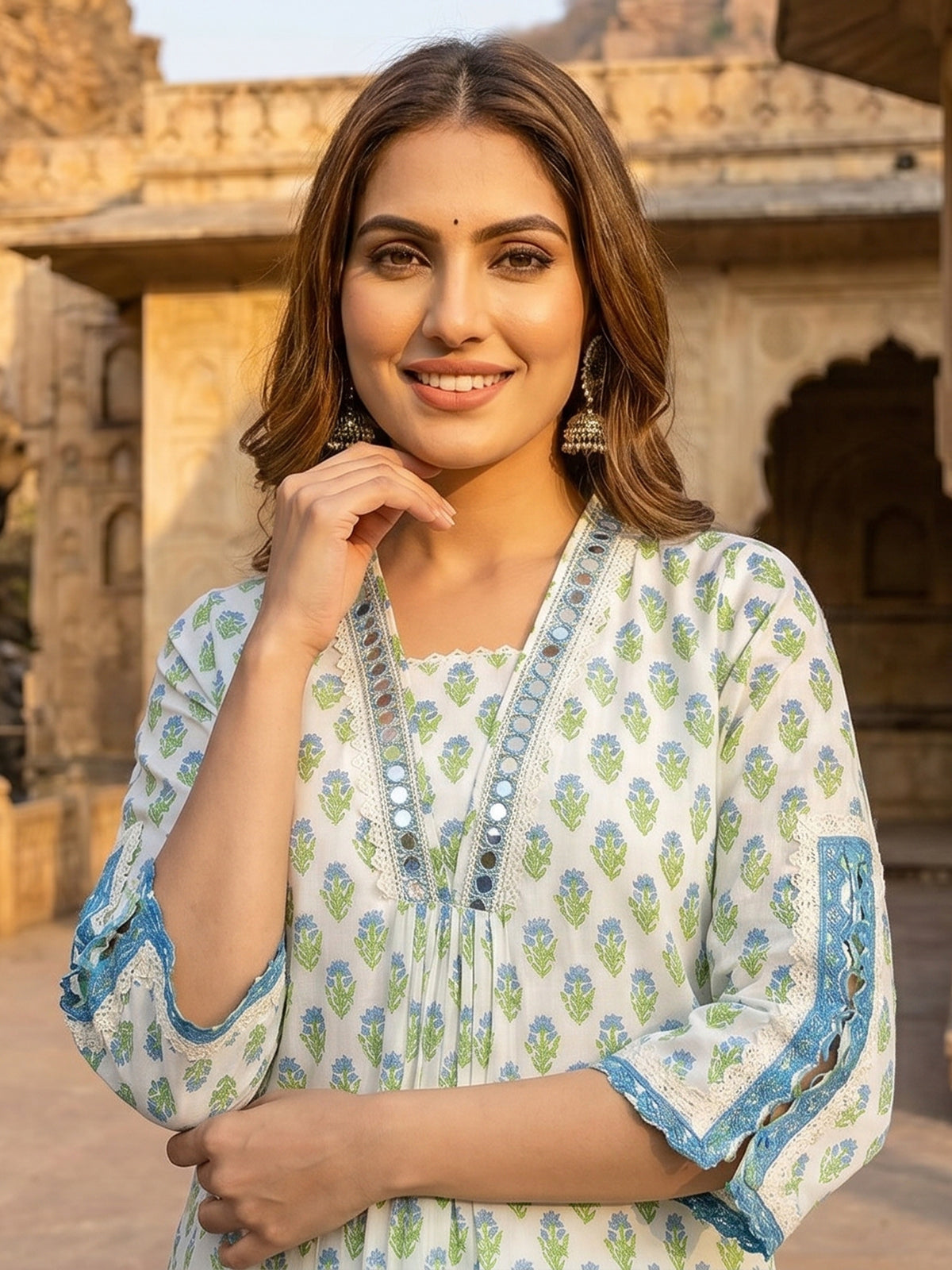 White cotton floral kurti set with aabla neck detail