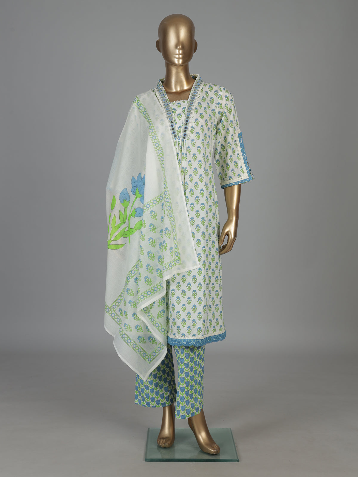 White cotton floral kurti set with aabla neck detail