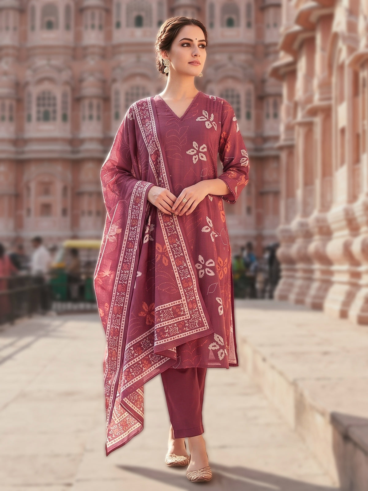 Onion pink cotton floral kurti set with dupatta charm