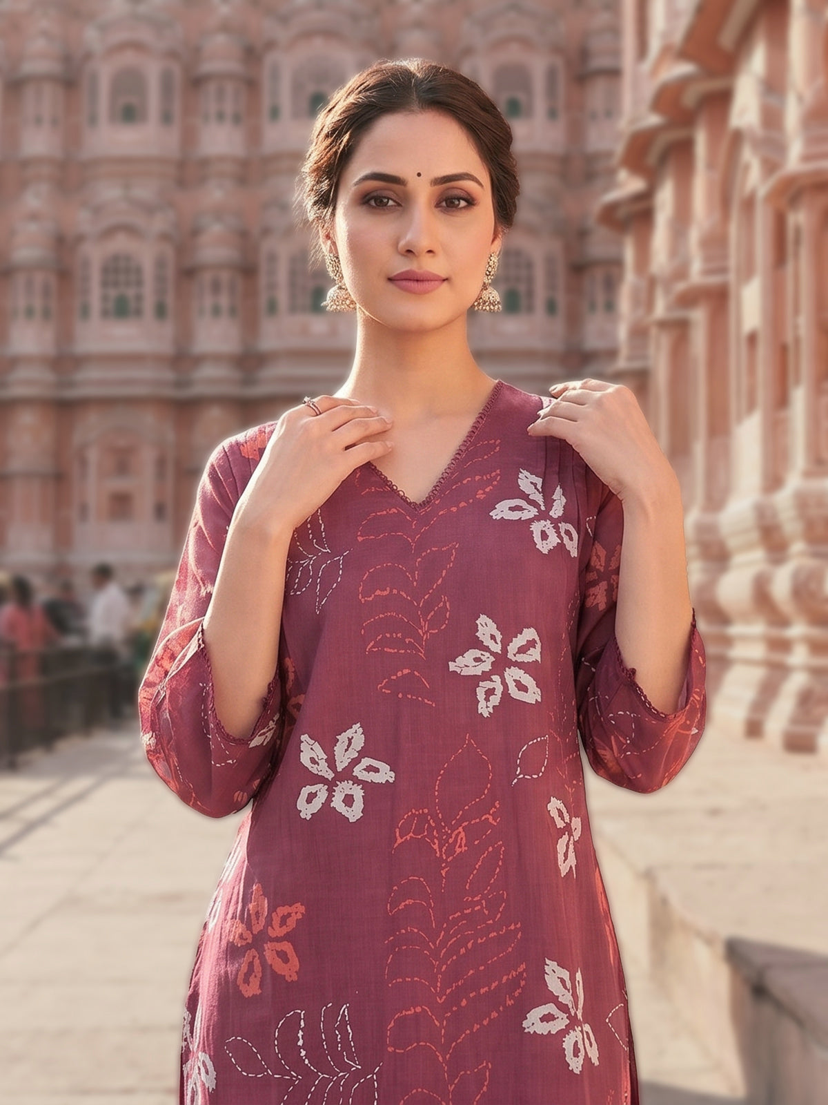 Onion pink cotton floral kurti set with dupatta charm