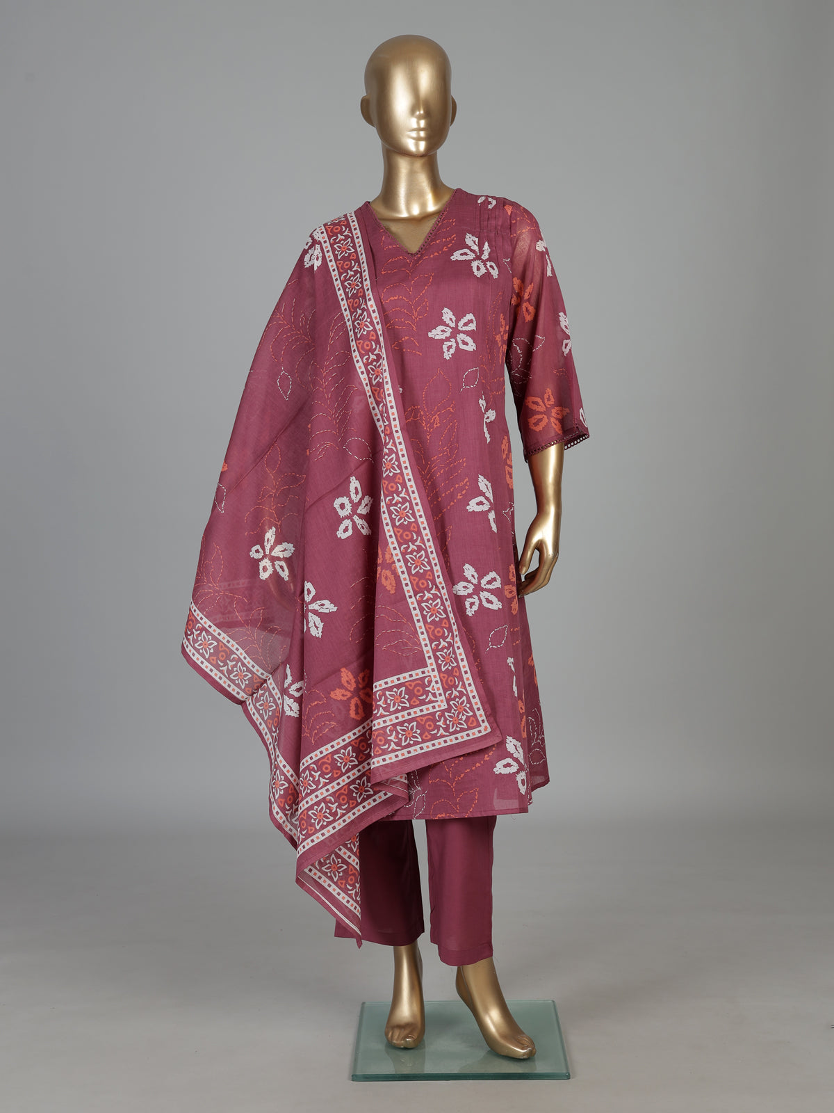 Onion pink cotton floral kurti set with dupatta charm