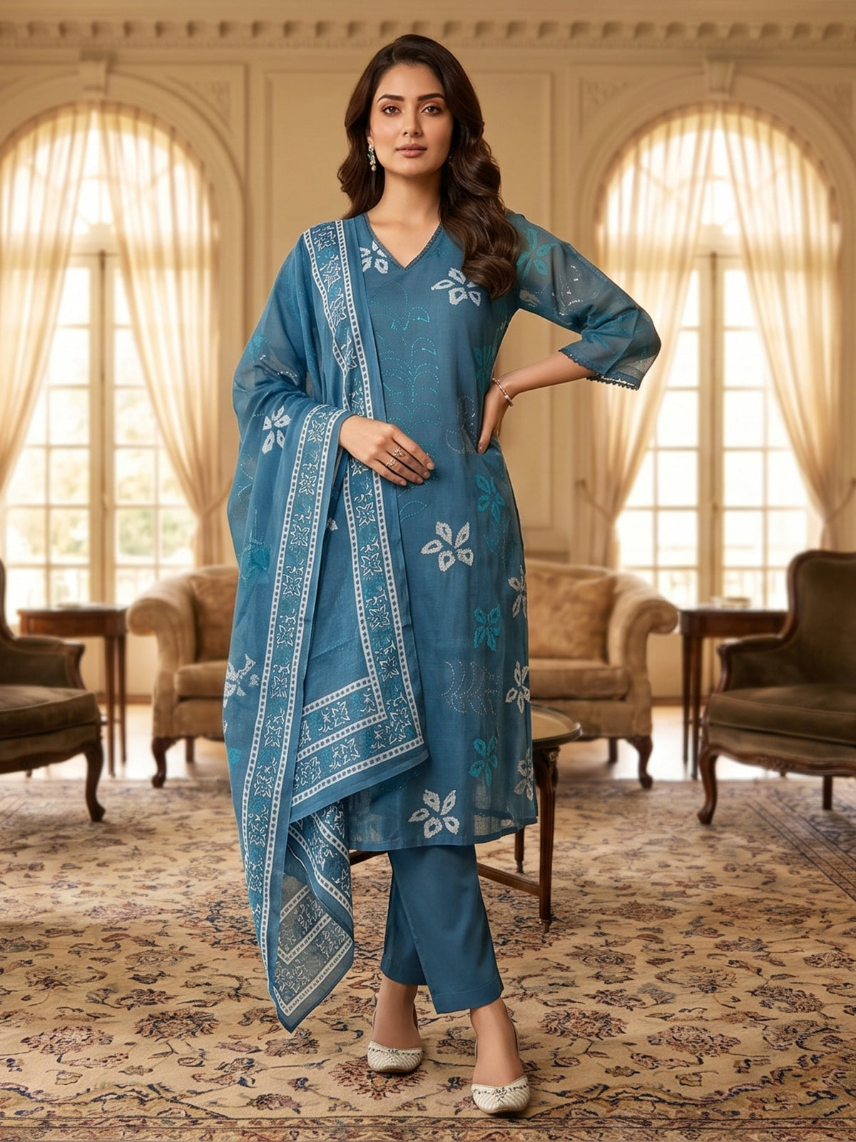Stone blue cotton floral kurti set with dupatta style