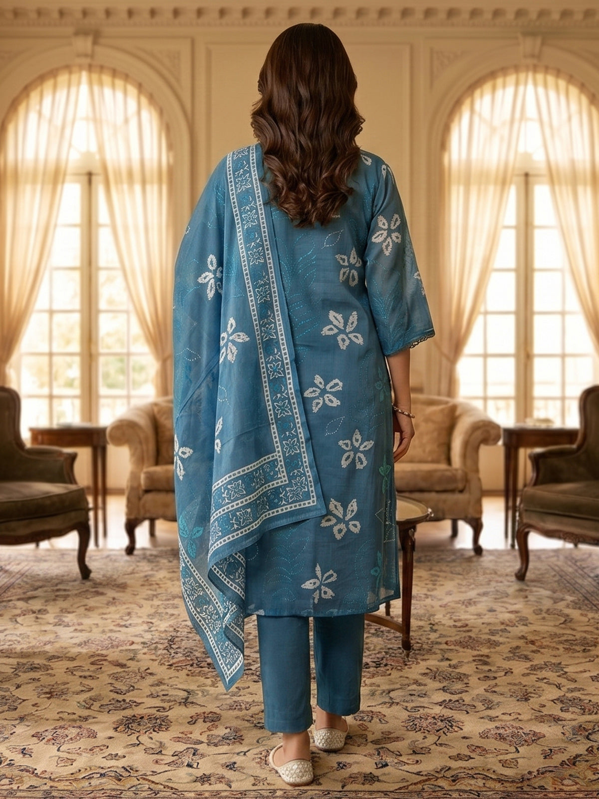 Stone blue cotton floral kurti set with dupatta style