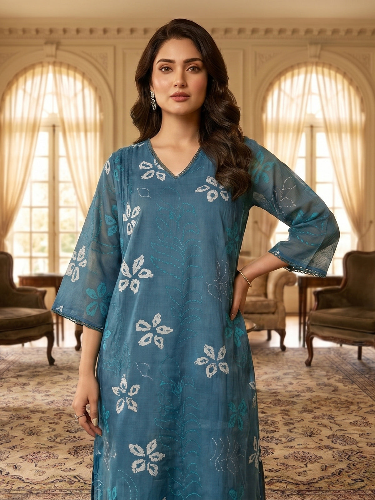 Stone blue cotton floral kurti set with dupatta style