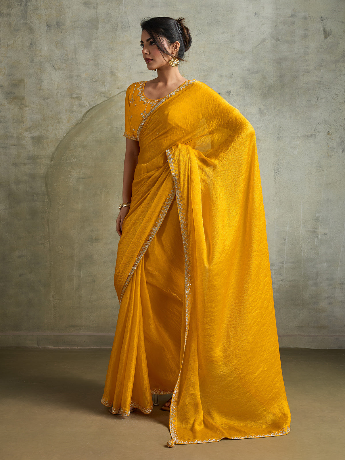 Radiant yellow chiffon festive partywear saree