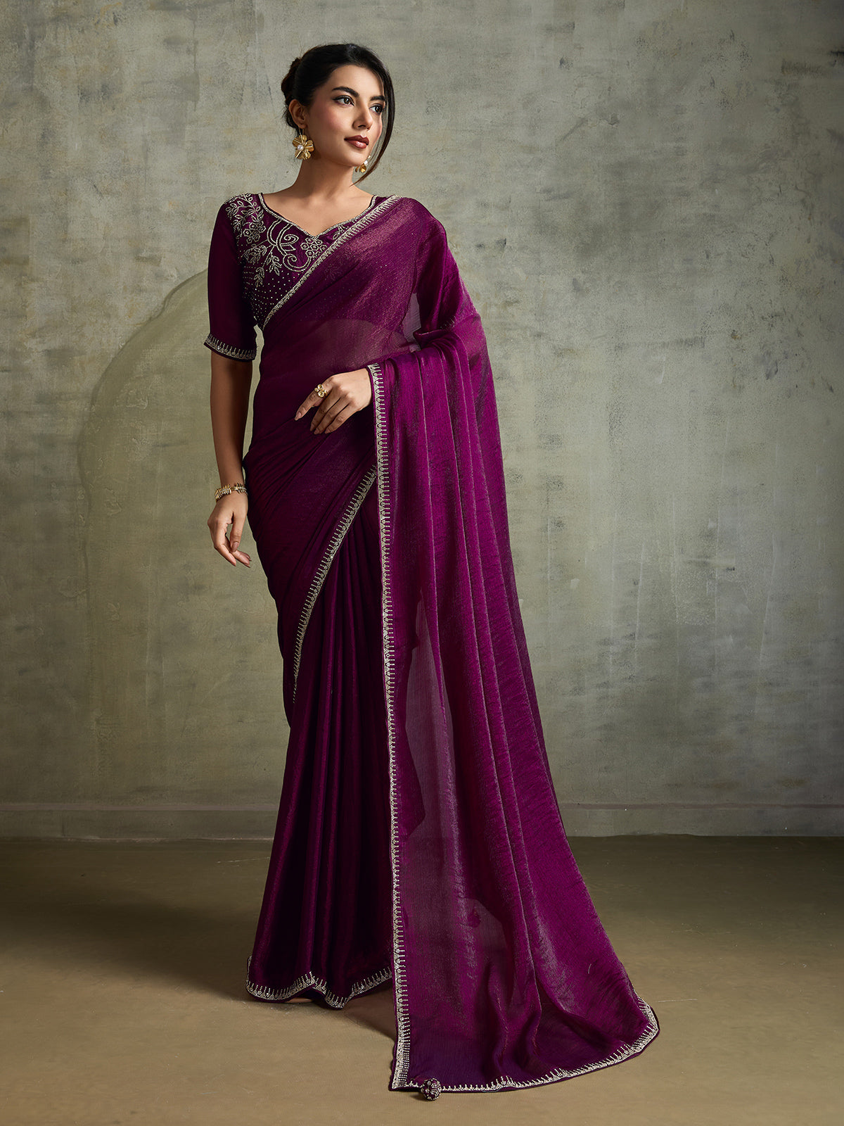 Royal wine chiffon festive designer saree
