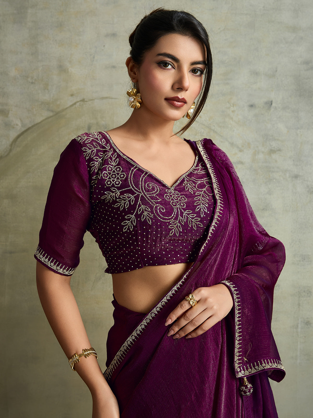 Royal wine chiffon festive designer saree
