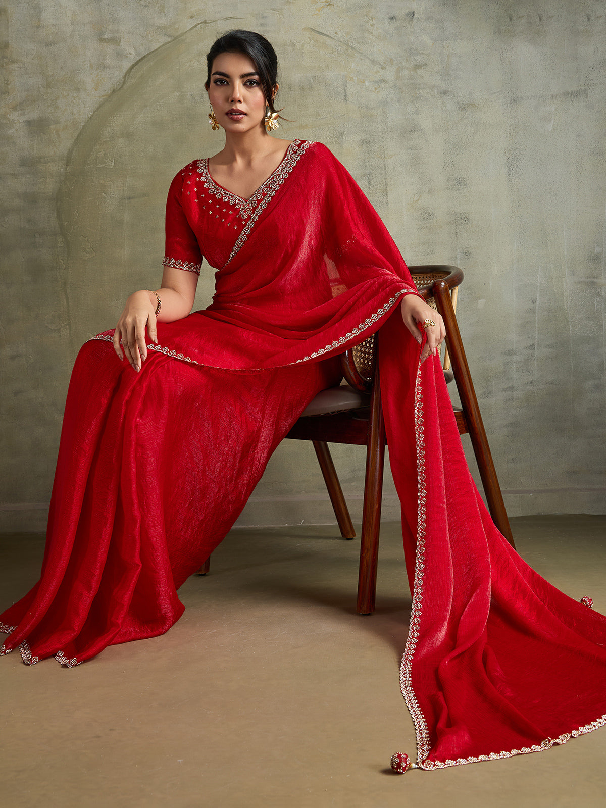 Classic red chiffon designer festive saree