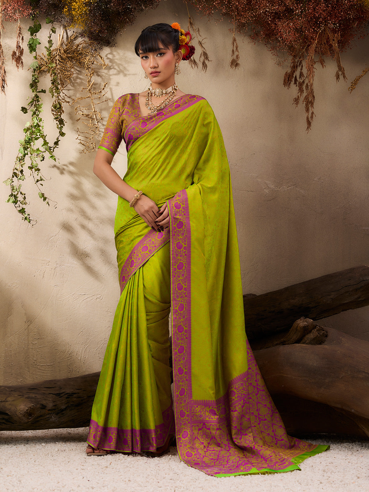 Stylish green kanjivaram silk festive wear saree