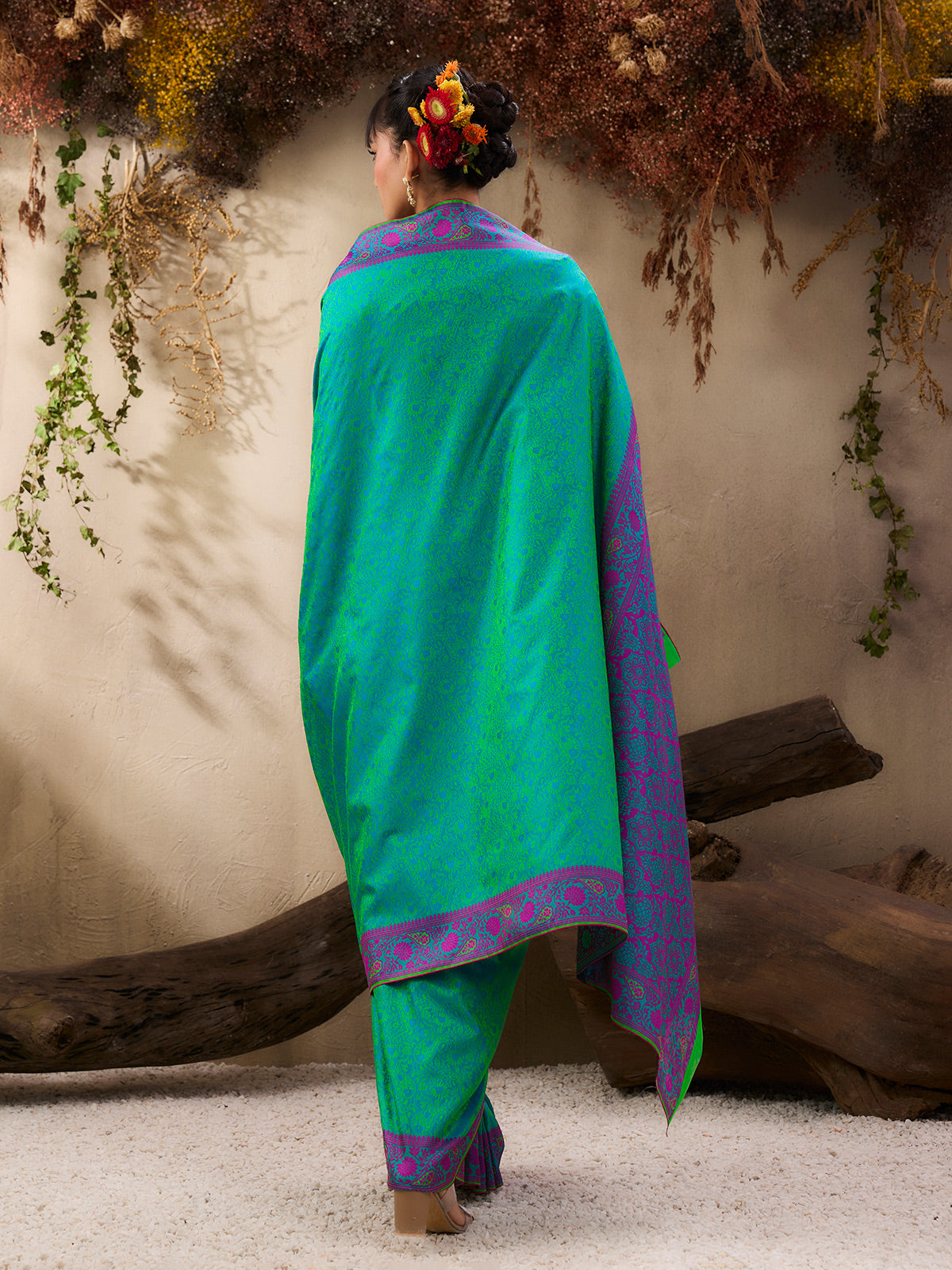 Stylish rama blue silk festive ethnic saree