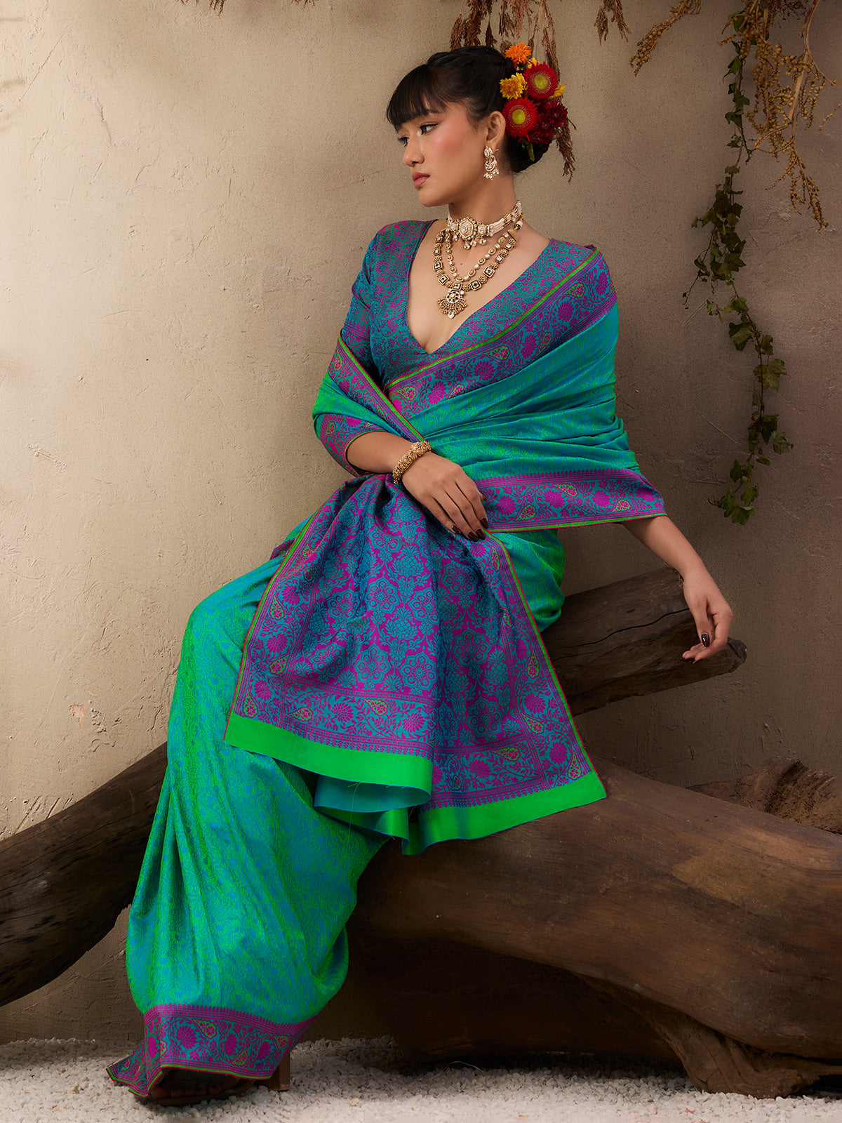 Stylish rama blue silk festive ethnic saree