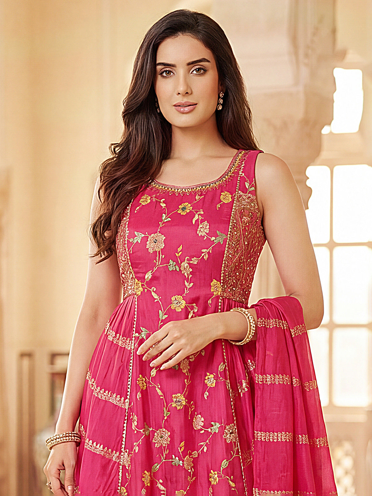 Rani pink silk designer palazzo suit with dupatta