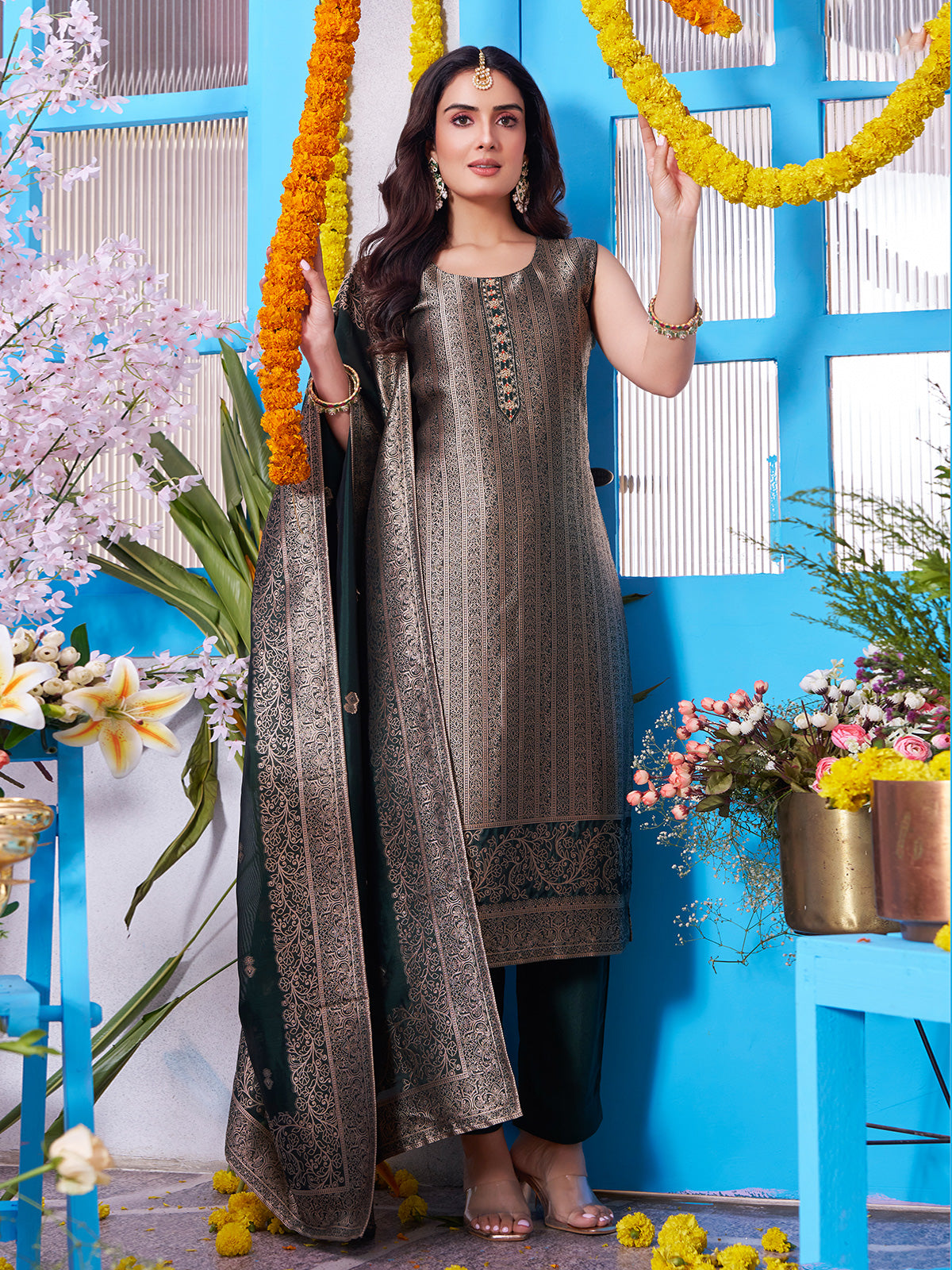 Bottle green brocade straight cut salwar suit