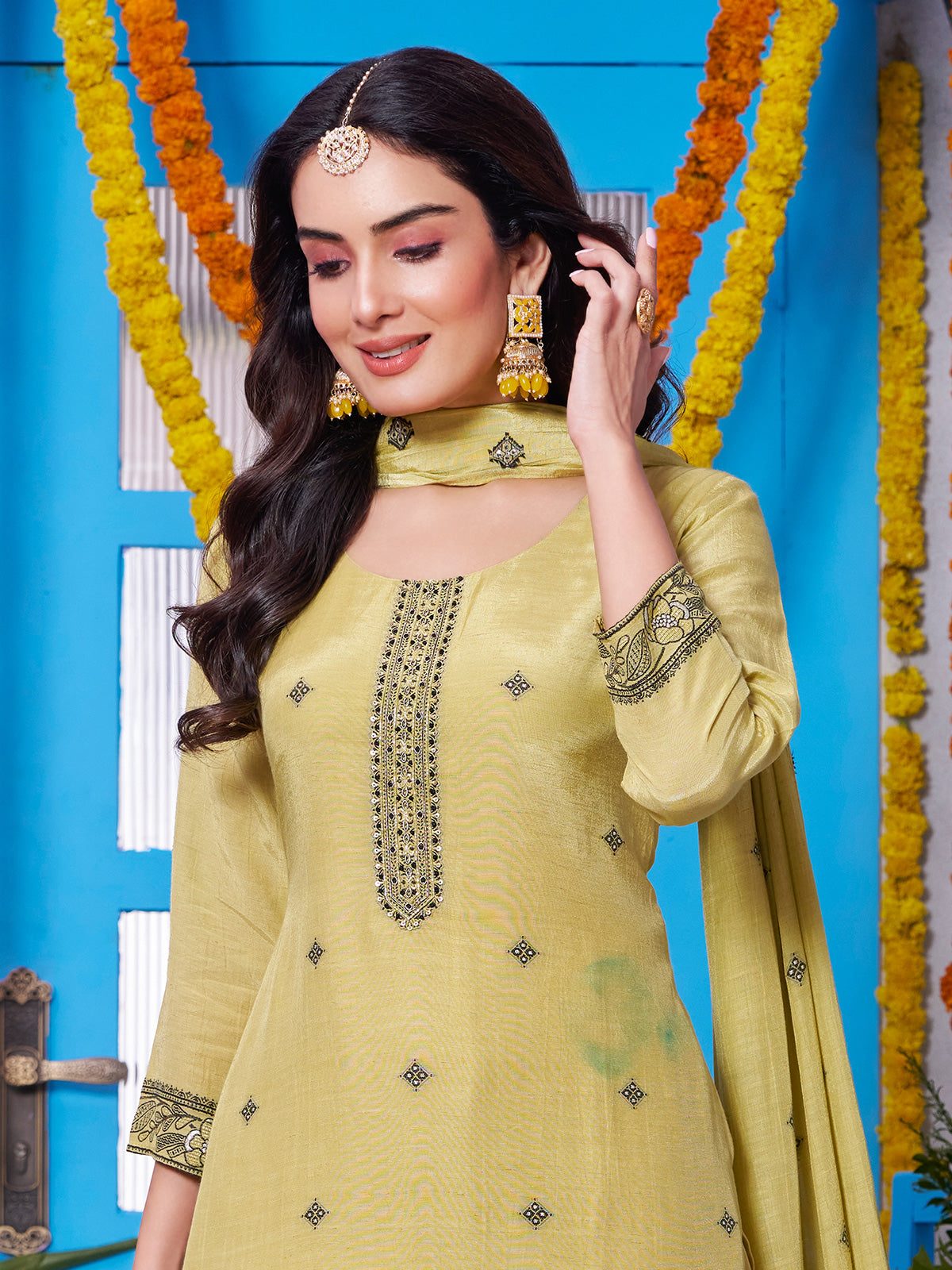 Dusty yellow soft silk straight cut salwar suit