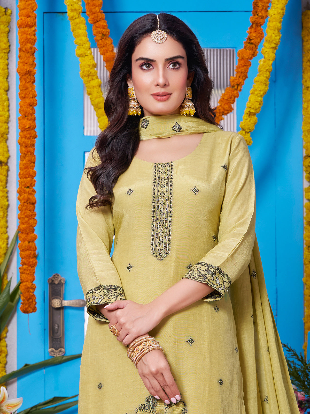 Dusty yellow soft silk straight cut salwar suit