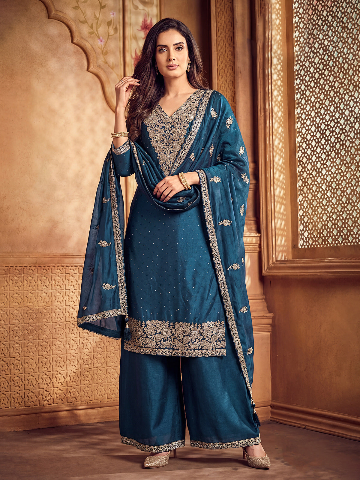 Rama blue silk pakistani palazzo suit with dupatta