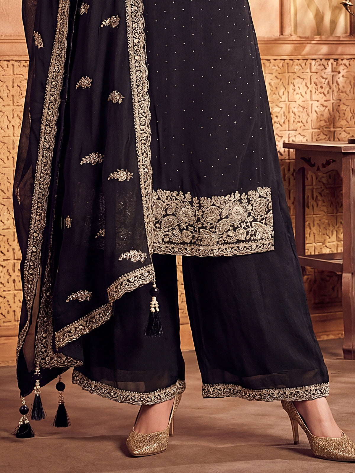 Black silk pakistani palazzo suit with dupatta set